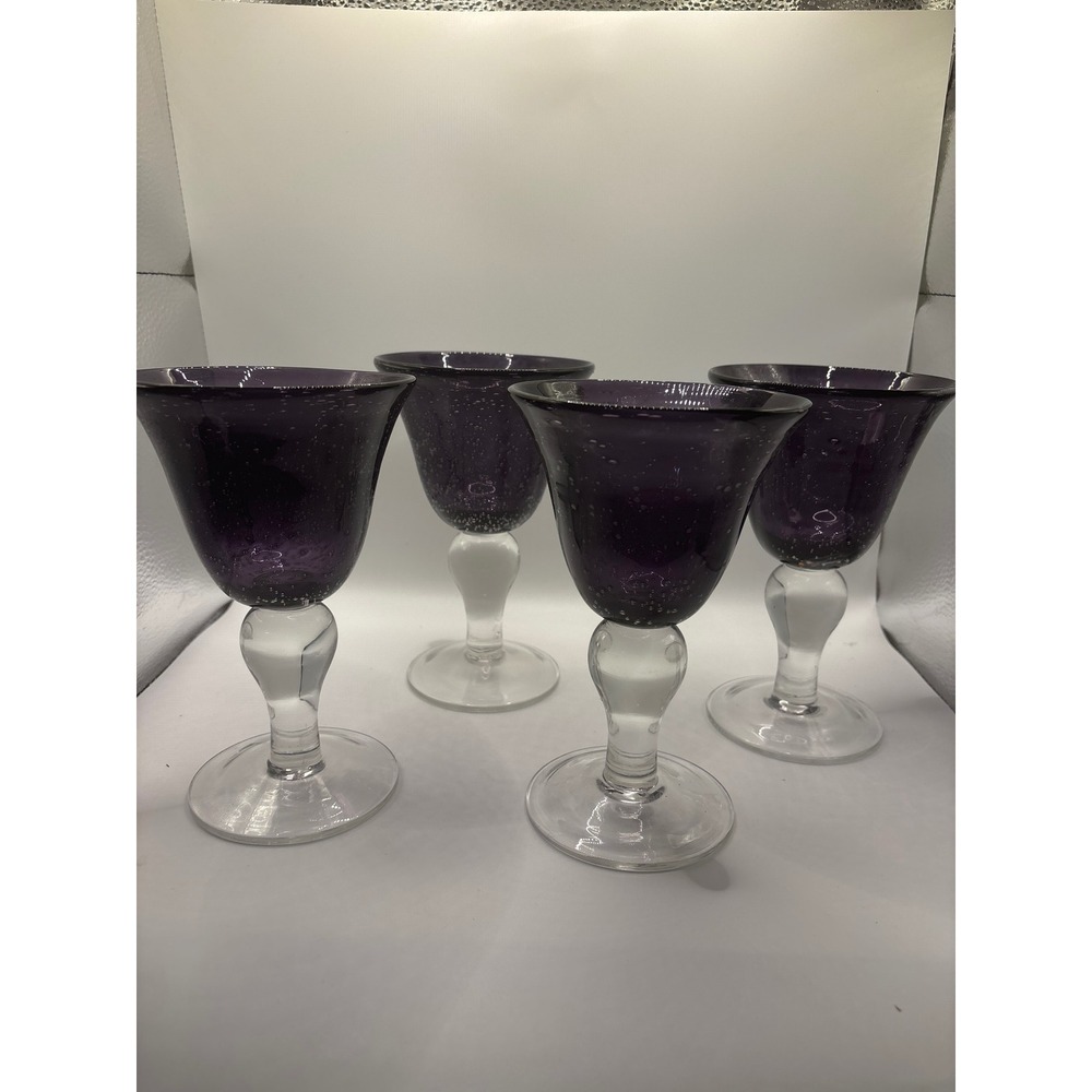 4 Purple Seeded Bubble Glass Goblets Amethyst Hand Blown Wine Glasses Clear Stem